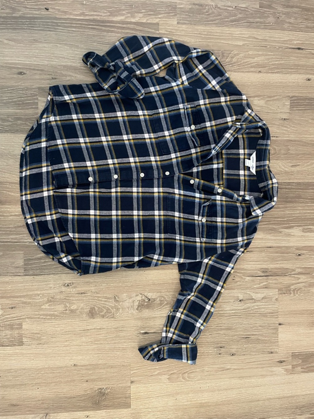 Old Navy Navy, White & Yellow Plaid Boyfriend Shirt